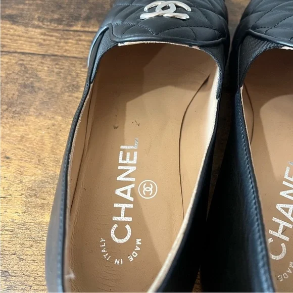 Authentic Chanel Black Quilted Loafers with Silver Logo 36.5 - Picture 8 of 16